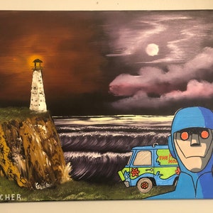 Peinture d’art originale sur toile, paysage de phare effrayant, mash-up huile + acrylique, artiste signé