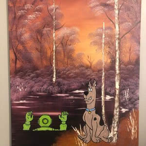 Peinture d’art originale sur toile, chien surpris par une apparition effrayante, mash-up huile + acrylique, artiste signé