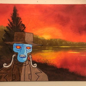 Peinture d’art originale sur toile, Space Cowboy + Paysage, huile + acrylique mash-up, artiste signé