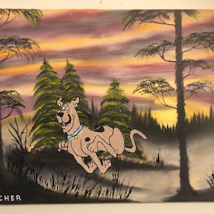 Peinture d’art originale sur toile, chien court à travers des bois effrayants, huile + acrylique mash-up, artiste signé