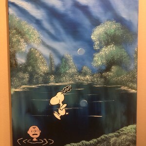 Peinture d’art originale sur toile, chien + son copain nageant, huile + acrylique mash-up, artiste signé