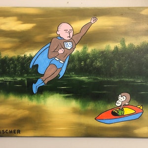 Peinture d’art originale, BS Man + bateau de conduite de singe, huile + acrylique mash-up, artiste signé