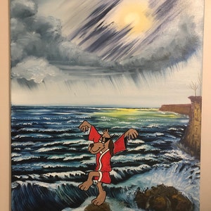 Peinture d’art originale sur toile, chien de kung fu au bord de la mer, mash-up huile + acrylique, artiste signé