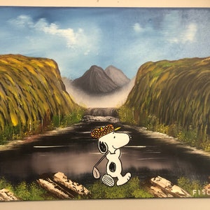 Peinture d’art originale sur toile, chien jouant au golf, mash-up huile + acrylique, artiste signé