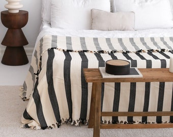 Soft Boho Bed Throw Blanket, Cotton Bedspread King Queen, Bedding Blanket King, Large Blanket, Oversize King Coverlet, Striped Throw Blanket