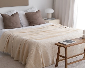 Couvre-lit en mousseline douce pour très grand lit, jetée en mousseline de coton, couvre-lit surdimensionné pour très grand lit, jeté de lit bohème, couverture légère crème, adulte