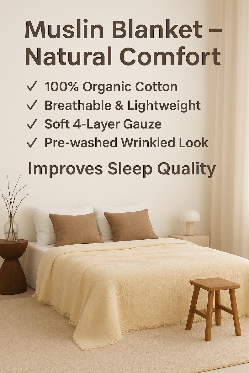 Soft Organic Cotton Blanket, Muslin Gauze Blanket King, Cotton Bedspread Queen, Muslin Throw, Gauze Bedspread King, Lightweight Bed Cover image 5