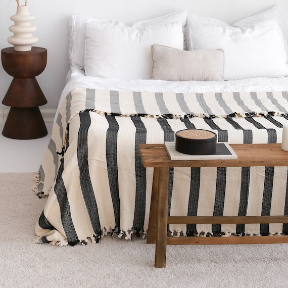 Soft Boho Bed Throw Blanket, Cotton Bedspread King Queen, Bedding Blanket King, Large Blanket, Oversize King Coverlet, Striped Throw Blanket