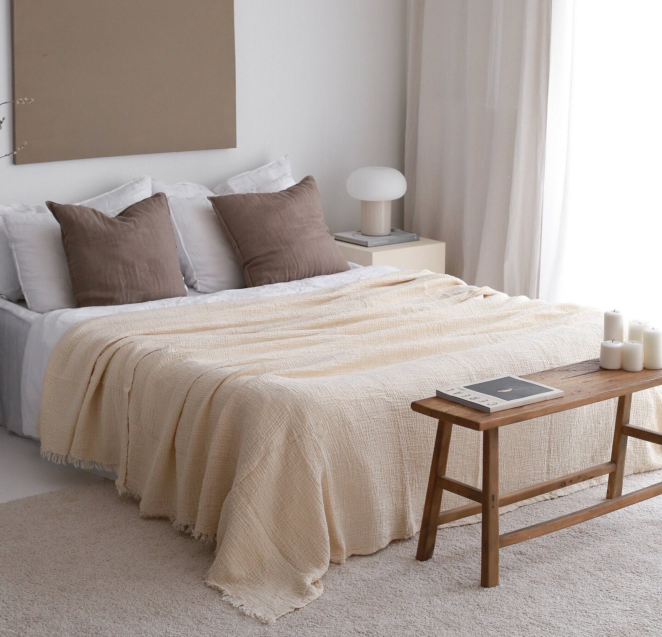 Oversize King Bedspread, Muslin Bedspread, Soft Cream Cotton Bedspread, Gauze Throw Blanket, Full Bed Cover, High Quality Turkish Blanket