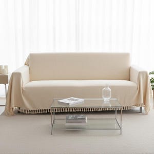 May include: A cream-colored sofa with a matching throw blanket and a glass coffee table. The throw blanket has a fringe trim. A clear glass vase and books are on the table. The room has a neutral color palette.