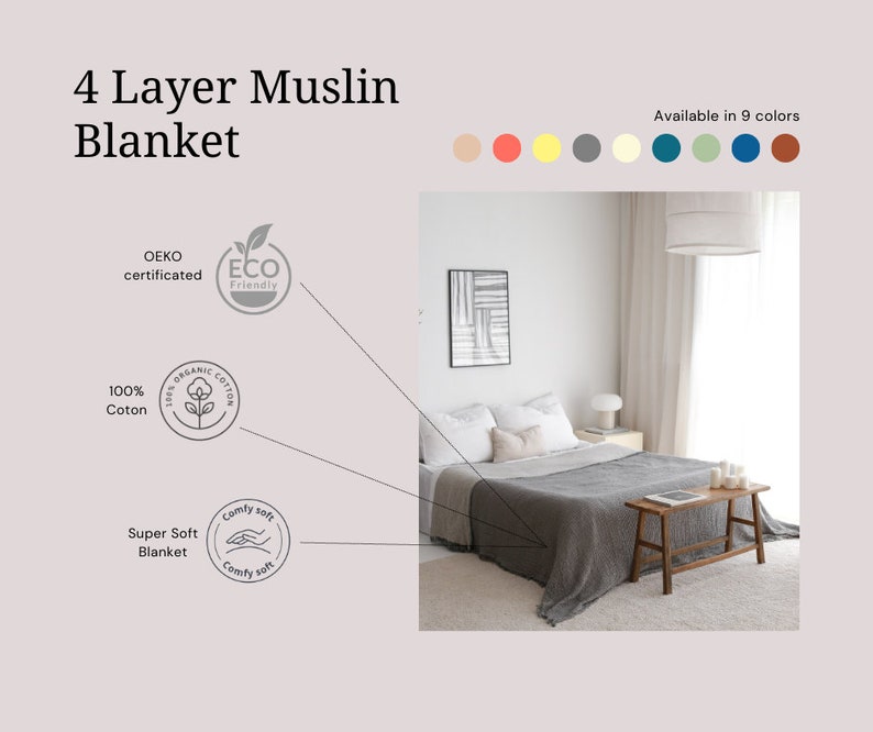 Weiche Musselin-Tagesdecke für Queen-Size-Betten, Gaze-Musselin-Überwurfdecke, übergroße große Bettdecke, Überwurf aus Bio-Baumwolle, leichte Musselin-Bettdecke in Grau Bild 7