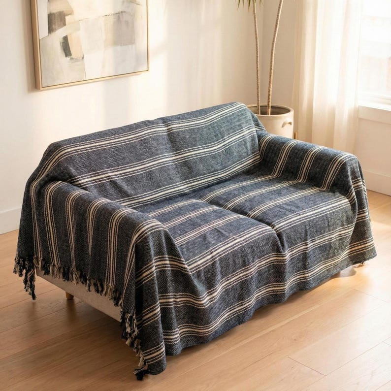 May include: A blue and white striped throw blanket draped over a two-seat sofa. The blanket has a fringe along the edges and is made of a woven fabric. The sofa is light-colored, and the background includes a painting and a potted plant.
