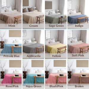 May include: A collage of 12 images showcasing different colors of a waffle weave throw blanket. Each image features a bed with a throw blanket in a different color, including mink, cream, sage green, indigo, petrol blue, anthracite, yellow, soft pink, rose pink, aqua green, blush pink, and brown.