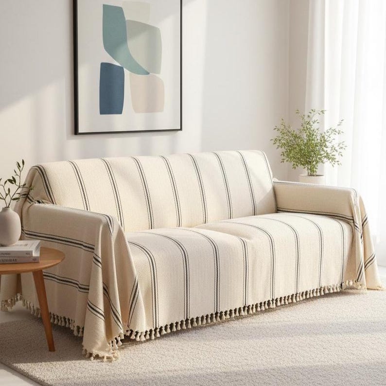 May include: Cream-colored sofa cover with vertical black stripes. The cover is draped over a sofa, with tassels along the bottom edge. A round side table and a framed abstract art piece are also visible.