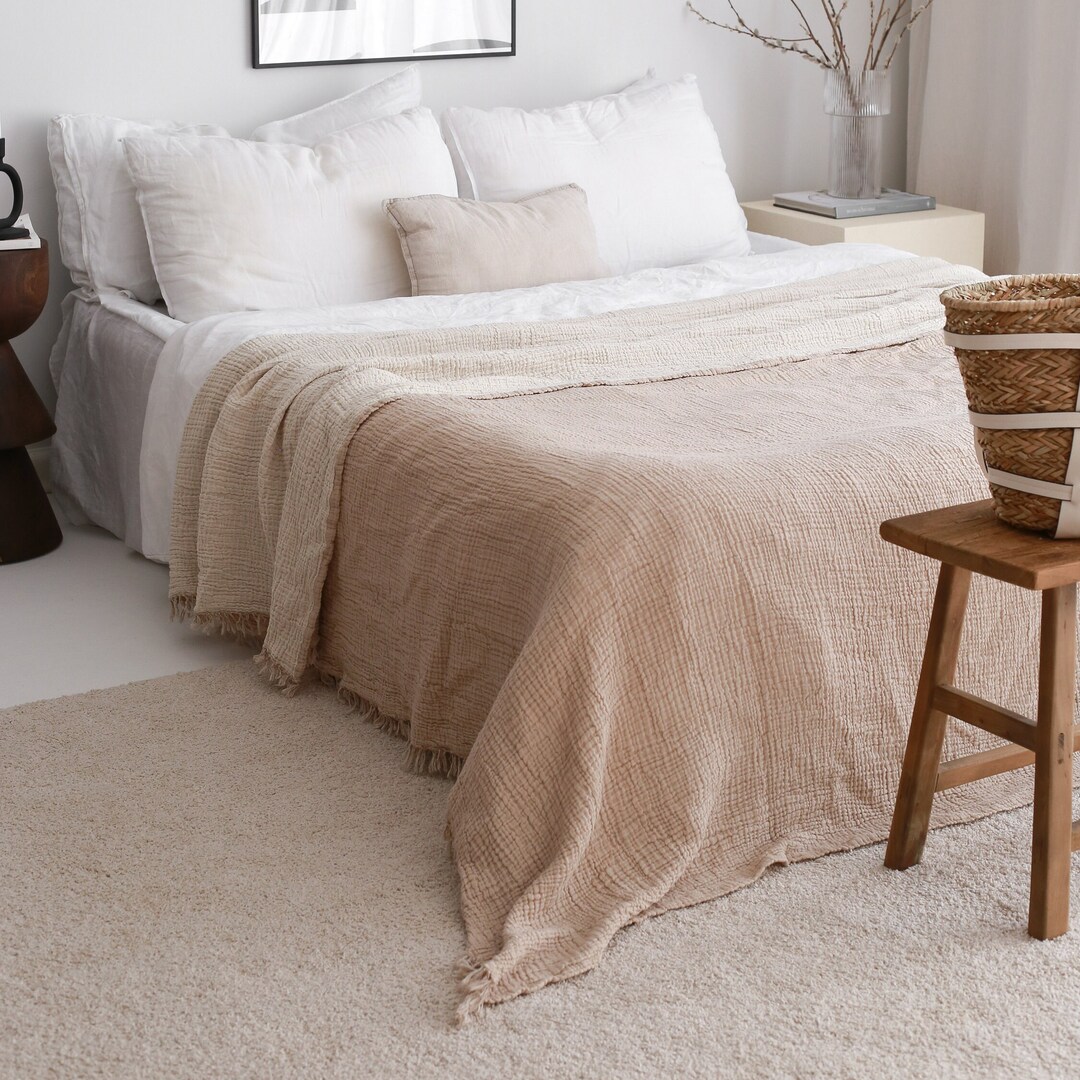 Muslin Bedspread Queen Size, Soft Cotton Muslin Bedcover, Organic