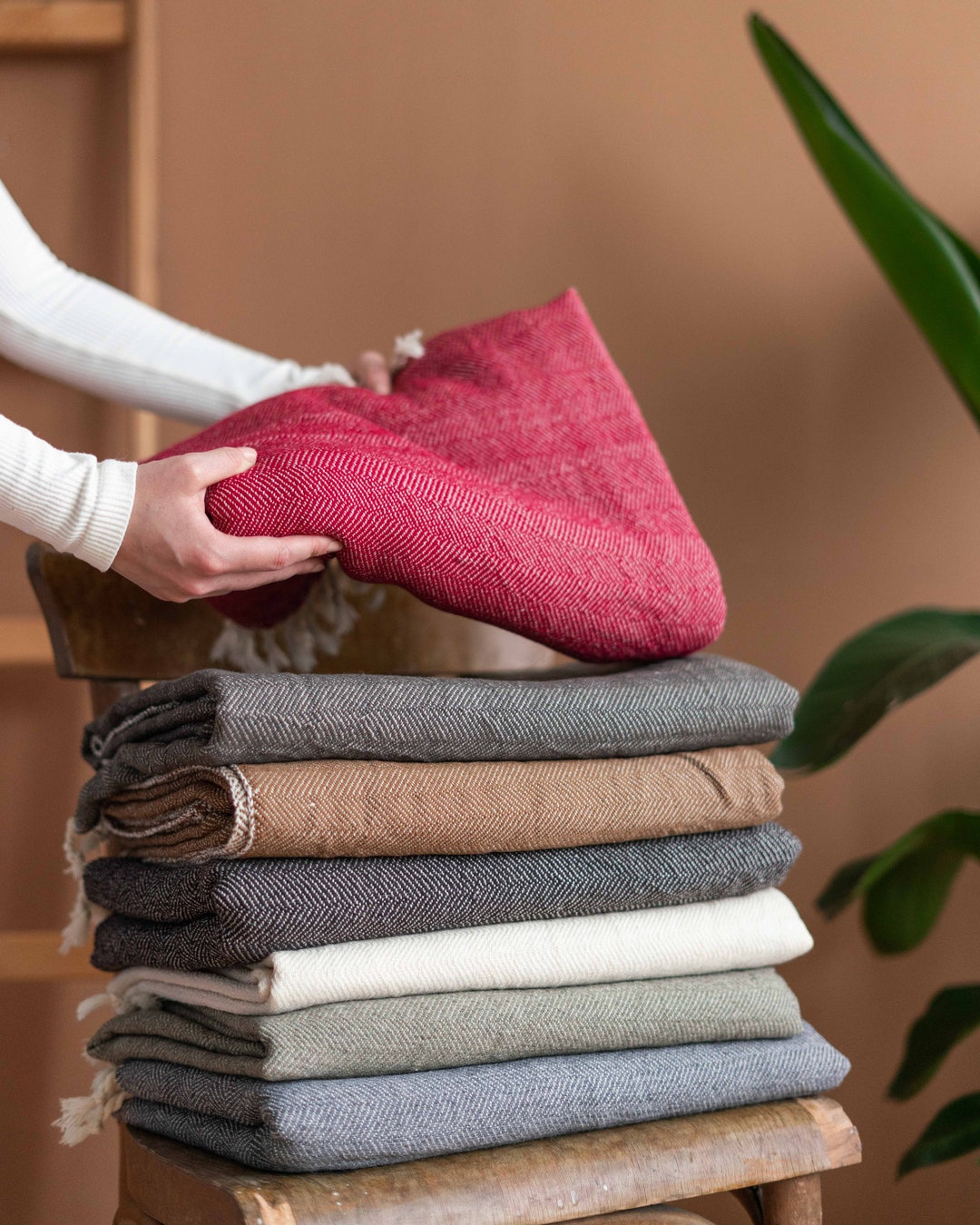 Organic Queen Wool Blanket, Soft Warm Wool Coverlet, Red Wool Throw