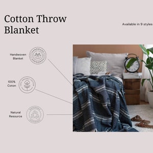 May include: A navy blue and white striped cotton throw blanket. The blanket is handwoven and made from 100% organic cotton. The text on the image says "Cotton Throw Blanket" and "Available in 9 styles."