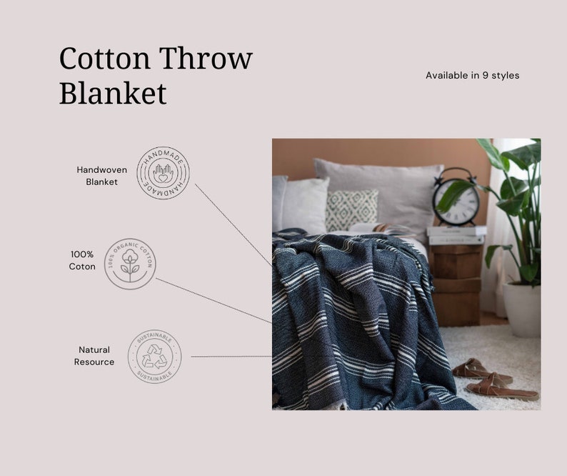 May include: A navy blue and white striped cotton throw blanket. The blanket is handwoven and made from 100% organic cotton. The text on the image says "Cotton Throw Blanket" and "Available in 9 styles."