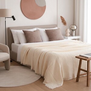 Cream Organic Bedspread, Muslin Blanket, Turkish Cotton Blanket