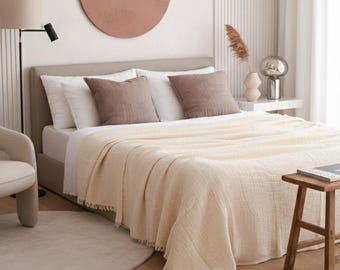 Cream Organic Bedspread, Muslin Blanket, Turkish Cotton Blanket