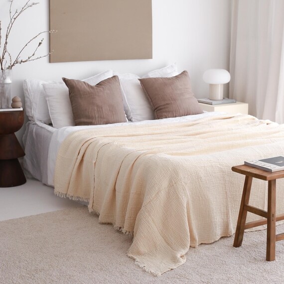 Soft Cream Muslin Bedspread, Natural Cotton Throw Blanket,