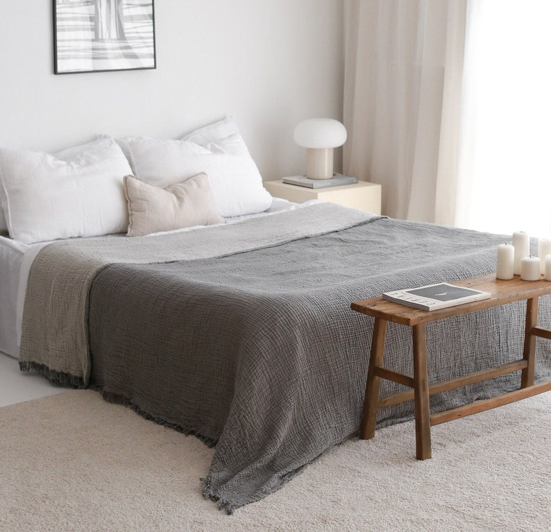 Muslin cotton throw blanket is large and soft. Soft king queen muslin bedspread is breathable and lightweight blanket.
Gauze blanket has 4 layers. Organic cotton throw is all season blanket. Light grey blanket is great for mothers day gift.