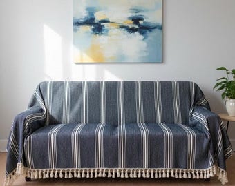 Navy Cotton Sofa Cover, Couch Throw Blanket, Organic Bedspread King