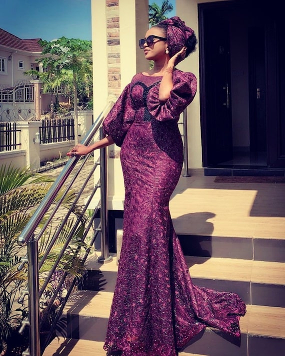 Magenta Color Gown Aso Ebi Mermaid Gown African Lace Evening