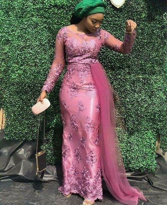 Onion Color Gown Aso Ebi Mermaid Gown African Lace Evening - Etsy