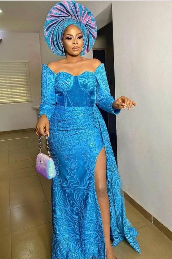 Wedding Guest,Blue Lace style,Owanbe , Aso ebi dress, Women Dress, African  Lace Gown, Dress for Women. Evening Dress, Nigerian, Trendy gown, -   Portugal