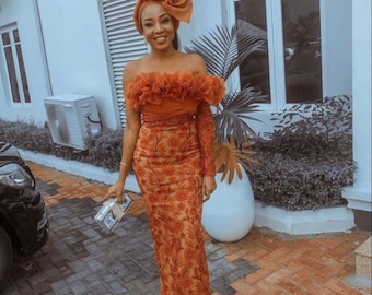 Burnt Orange Lace Style Mermaid Gown 