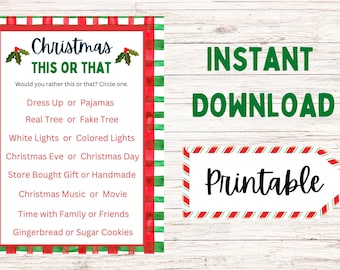 May include: Printable Christmas This or That game with a red and green plaid border. The game asks questions like "Dress Up or Pajamas?" and "Real Tree or Fake Tree?"