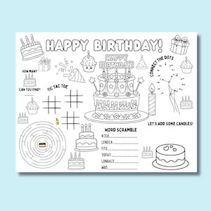 Kids Party Birthday Activity Sheet, Personalized Birthday Coloring Page, Printable Children Birthday Games