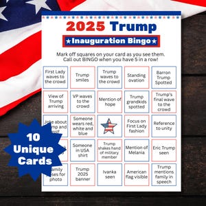 2025 Trump Präsidentschaftswahl Bingo-Spiel, Präsidentschaftswahl-Besichtigungsparty, 2025 Trump Einweihungs-Uhrenparty-Bingokarte