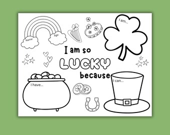Ik heb geluk omdat.. Werkblad dankbaarheid afdrukbaar St. Patrick's Day-klasactiviteit voor kinderen, DIY kleuren docentenhulpmiddel, INSTANT DOWNLOAD