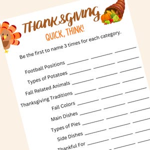Thanksgiving Quick Think Game | Fun Thanksgiving Game | Printable Thanksgiving Game | Thanksgiving Party Game for Adults and Kids