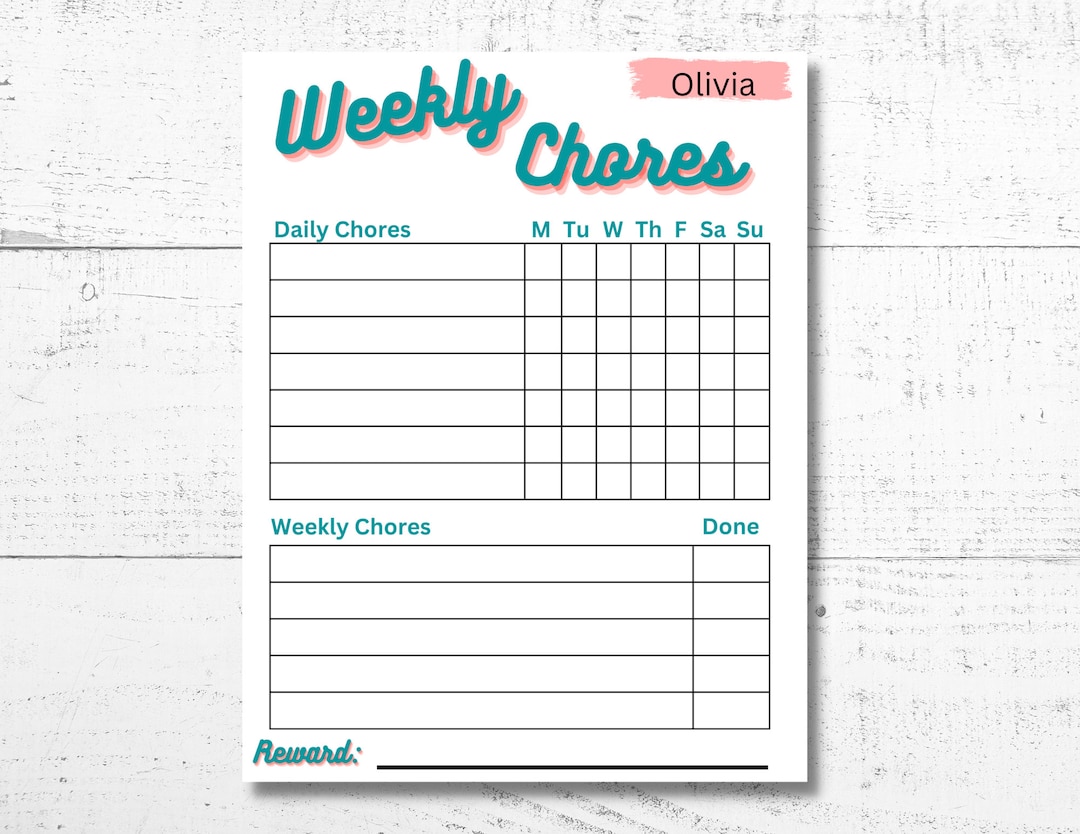 Printable Chore Chart, Daily and Weekly Chore Chart, Sunday Start ...