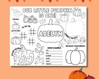 1st Birthday Pumpkin Coloring Placemat, Pumpkin Activity Placemat for Kids, Our Pumpkin is One, Pumpkin Theme Party Activity Mat