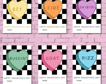 Corazones de caramelo en jerga adolescente, imprimible divertido de San Valentín para niños, San Valentín para clases, San Valentín para preadolescentes, estudiantes de secundaria, generación Z, generación Alfa, para adolescentes
