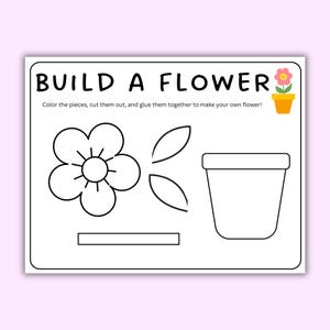 Crea un fiore stampabile, lavoretto di carta primaverile, attività prescolare al chiuso, pagina da colorare per bambini, download per la scuola domestica