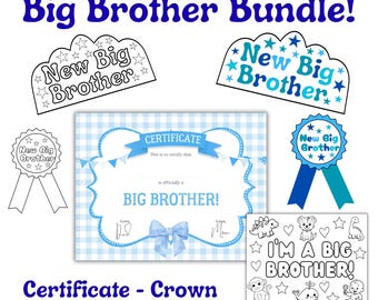Big Brother Bundle Printable – Big Brother Certificate, Crown, Badge & Coloring Page – Sibling Announcement Gift