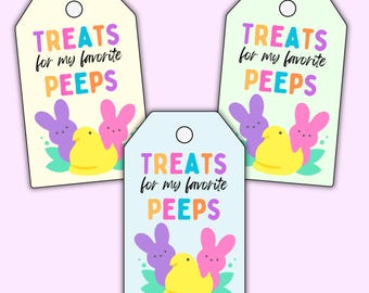 May include: Three pastel-colored gift tags with a yellow chick and two bunny peeps. The tags are decorated with green leaves and white polka dots. The text on the tags reads "Treats for my favorite peeps".