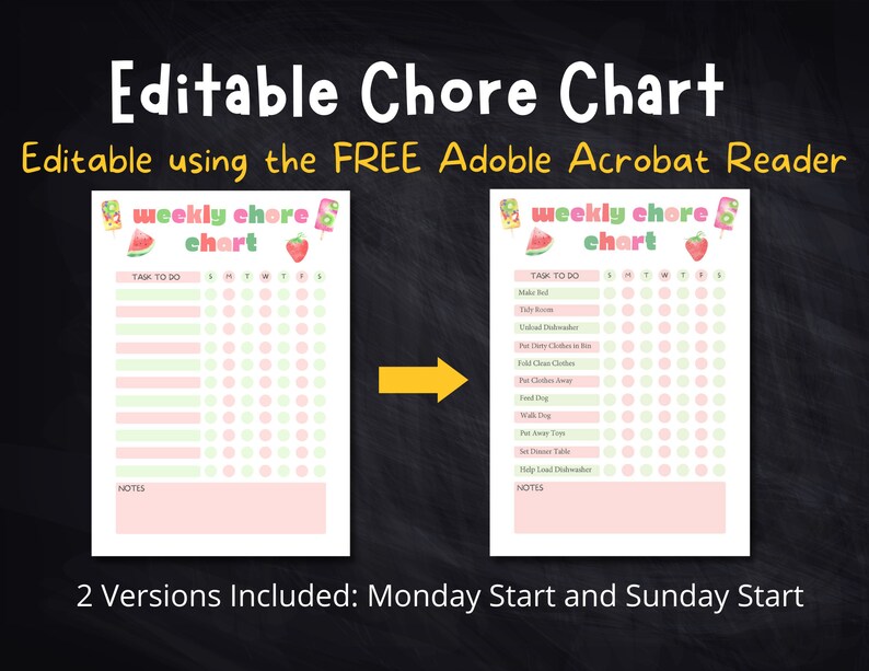 Printable Editable SUMMER Chore Chart, Summer Activities, Summer