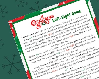 May include: A Christmas Story themed printable game with a red, green, and white background. The game is called "Left-Right Game" and features a story about Ralphie wanting a Red Ryder BB Gun for Christmas. The text includes the words "left" and "right" in green.