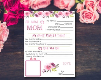 Mother's Day Questionnaire, Mother's Day Gift, Mother's Day Printable, All About Mom