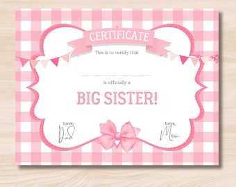 Schwester Zertifikat zum Ausdrucken | Sis Printable | Aufgestiegen zur Big Sister | Big Sister Ankündigung | Neues Schätzchen