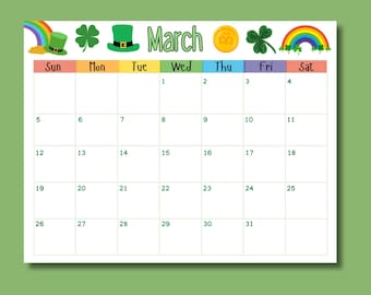 Calendário de março de 2025, planejador do Feliz Dia de São Patrício, calendário mensal para impressão e preenchimento, cronograma escolar infantil, download instantâneo