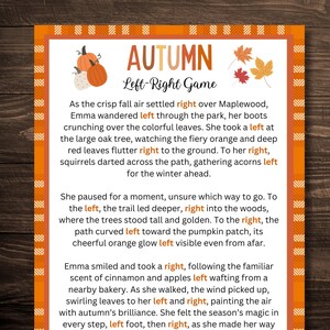 May include: A printable game for kids featuring a fall theme. The game is called "Autumn Left-Right Game". The text describes a child named Emma walking through a park in the fall. The text includes the words "left" and "right" to help children learn directional words.