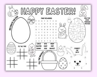 Easter Activity Placemat, Easter Coloring Page, Printable Easter Party Game, Kids Easter Party Table Activity, Editable Party Template