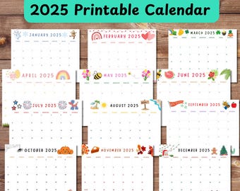 2025 Calendar Printable, Cute Kids Calendar 2025, Wall Calendar PDF, Editable Calendar, Kids Monthly Planner, Homeschool Calendars, Animated